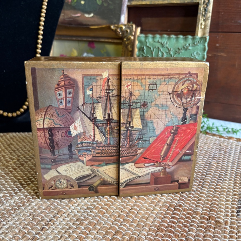 Vintage Mottahedeh Italy Wooden Double Compartment Decorative Box Map Ship Globe